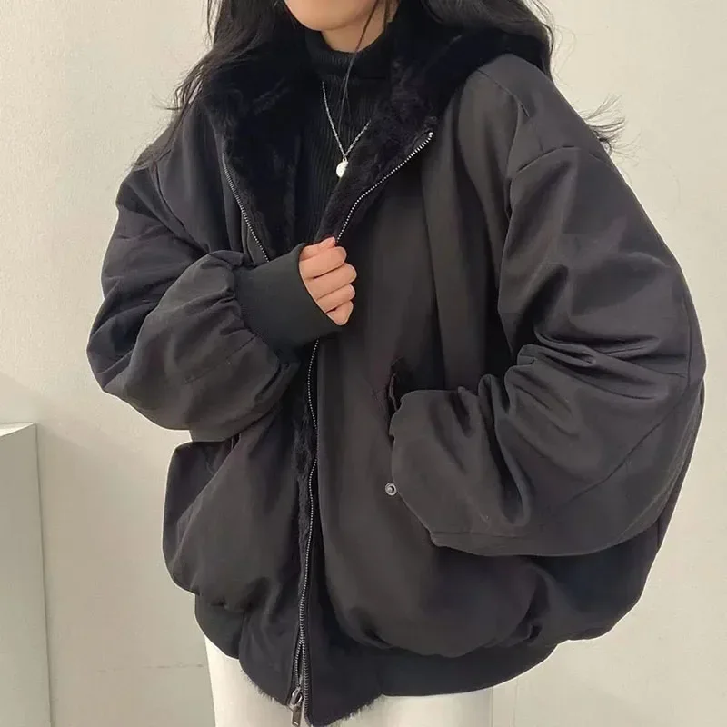 Otoño Invierno chaquetas gruesas mujeres Casual suelta cremallera cálido polar con capucha Parkas mujer doble capa Simple abrigos de felpa