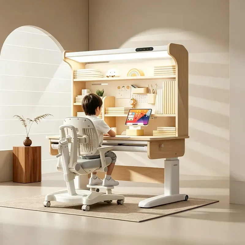 Ergonomic Kids Study Desk Set Adjustable Height Table with Bookshelf and Light Chair for Children Learning Furniture