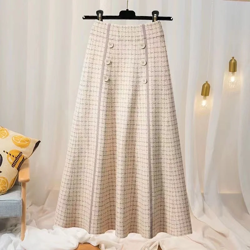 2026 New Women Tweed Plaid Midi A‑Line Skirt High Waist Double Breasted Button Vintage Autumn Winter Ladies Long Swing Skirt