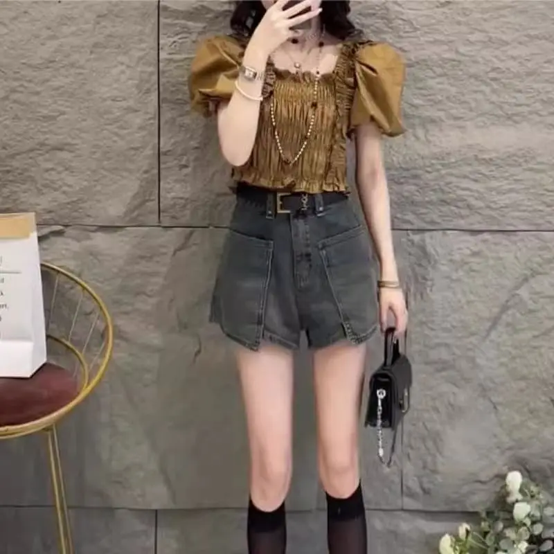 Summer Cute Chic Doll Version Puff Sleeve Pleated Design Tops New Korean Harajuku Style Loose Popular Shirts Women Clothing