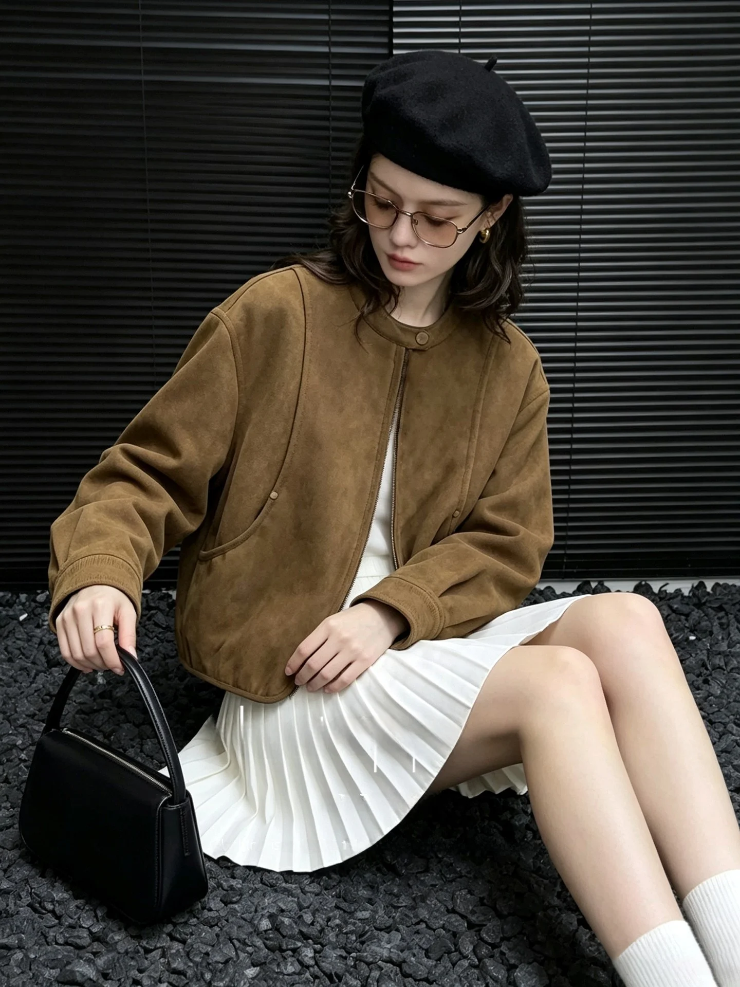 Huaappuw Retro Fashionable Short Jacket Loose Fit Versatile Top Early Autumn New Style French Style Zipper Splice Design