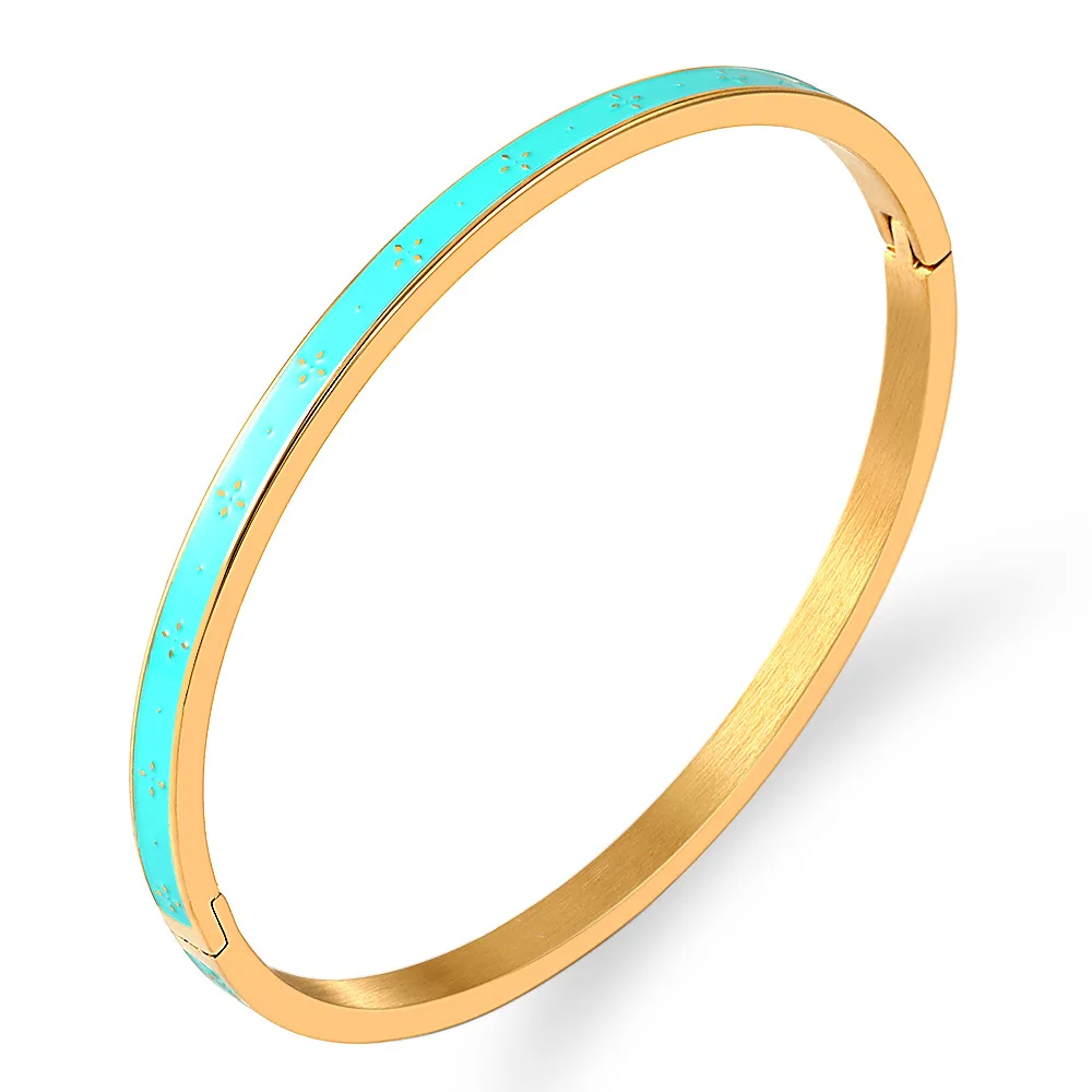 Zalman Brand Geometric Design Classic Green Enamel Bangle Gold Color Stainless Steel Thin Bracelet Women Wholesale 2023