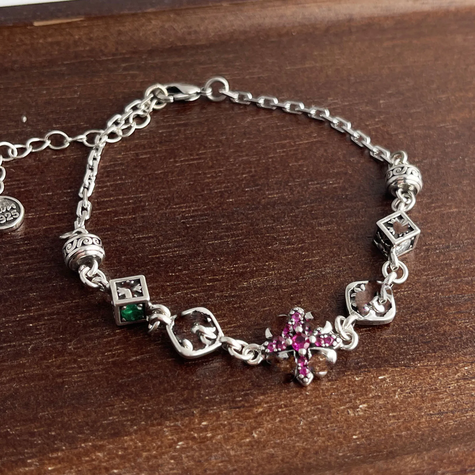 

925 Sterling Silver Bracelets for Women Men Fine Accessories Trend Vintage Flower Red Zircon Pendant Bracelet Party Jewelry Gift