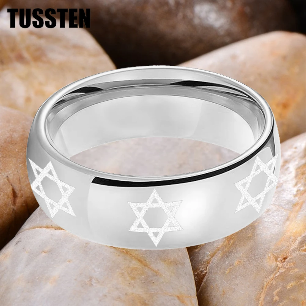 TUSSTEN 6/8MM Tungsten Ring Couple Ring Laser Carving Judaism Star of David Logo Dome Polishing Comfortable Fit