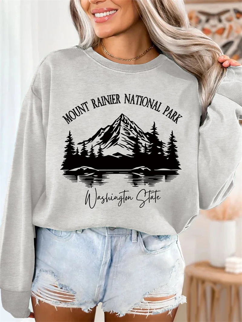 Pull imprimé vintage pour femme, sweat à capuche décontracté, manches longues, coton, montagne, parc national du mont Rainier, mode d'hiver, nouveau