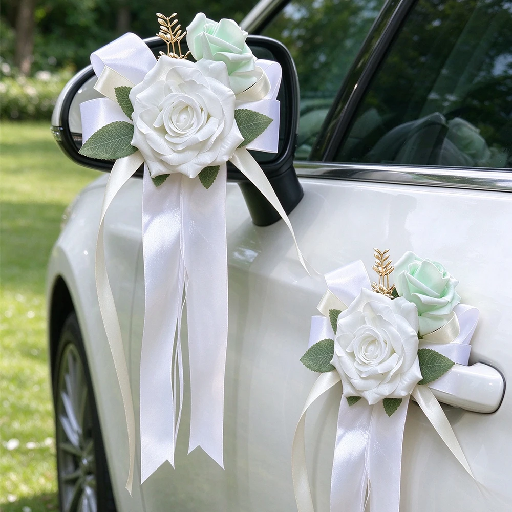 Wedding Car Artificial Rose Flower Ornament Satin Ribbon Car Mirror Door Handle Decor for Bridal Car Decoration