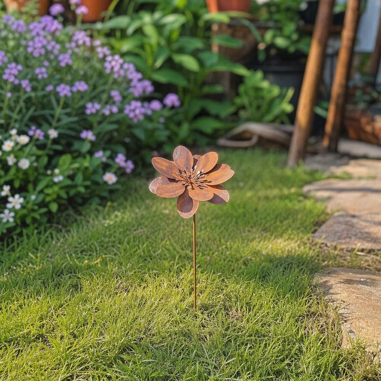 Rusted Iron Daisy Yard Arts Vintage Rusty Cornflower Statues Stake Rustic Garden Sculptures for Lawn Pathway Patio Decoration