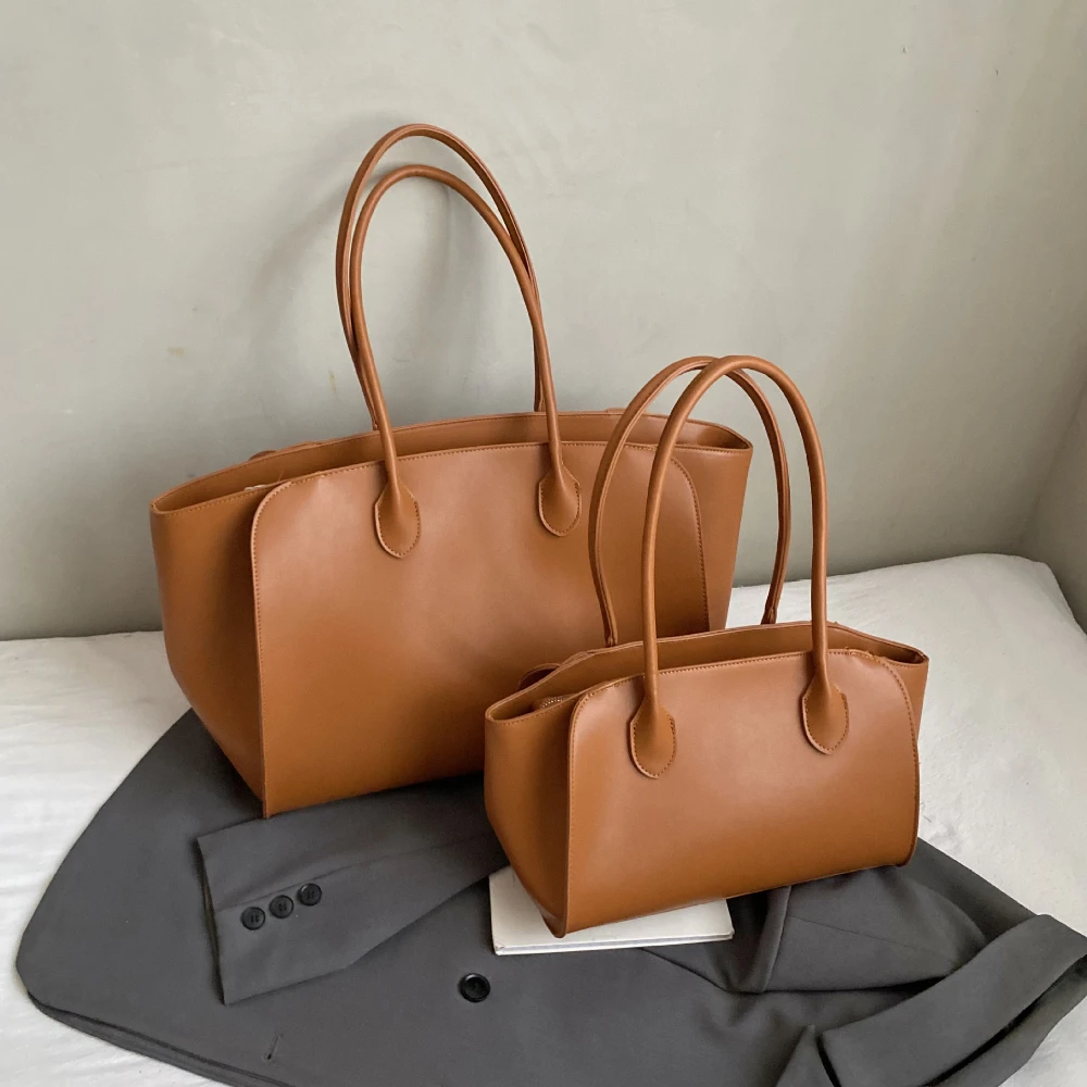 Women Large Capacity Smooth PU Leather Tote Handbag Wing‑Sides Design Drop‑Shape Tab Handle Daily Work Commute Shoulder Bag