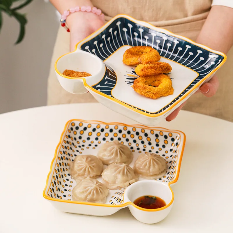Bohemian dumpling plate set, which includes two ceramic divided plates and a dip dish. These plates are very versatile in use.