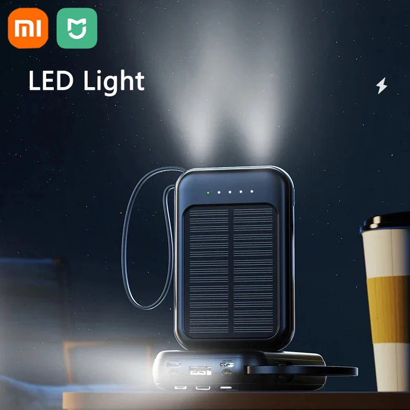 Xiaomi 50000mAh بنك الطاقة الشمسية فائق السعة كابلات مدمجة شاحن بالطاقة الشمسية 2 منافذ USB شاحن خارجي Powerbank مع ضوء LED