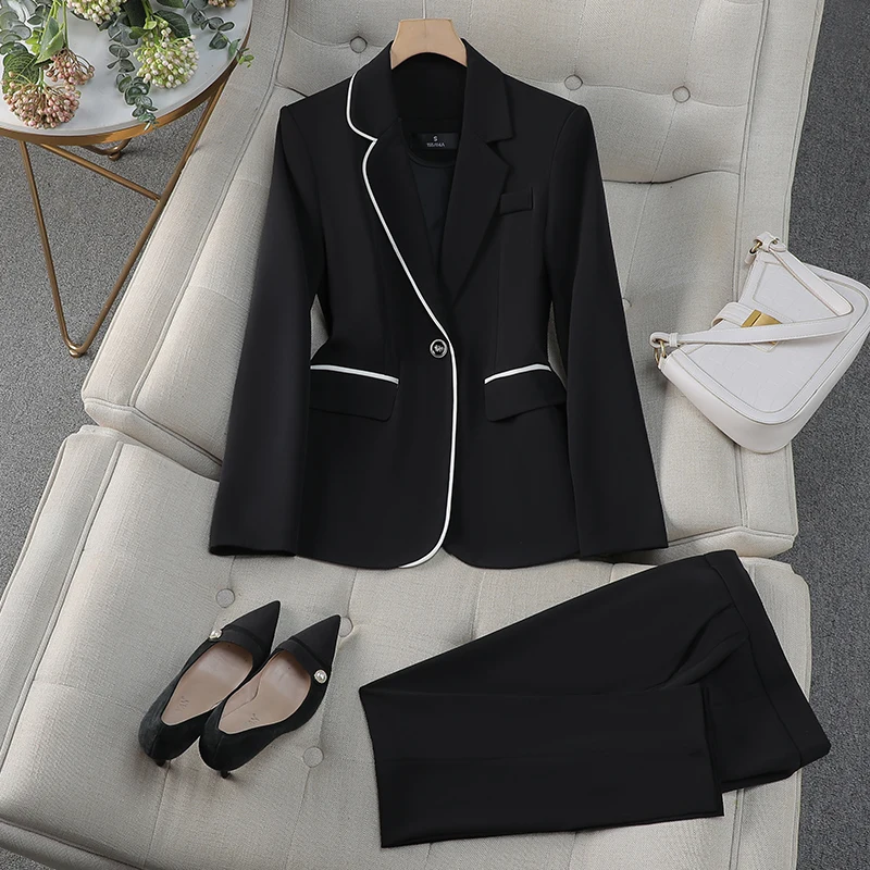 Autumn Winter Long Sleeve Women Pant Suit Ladies Formal Purple Black Business Work Wear 2 Piece Set Blazer And Trouser