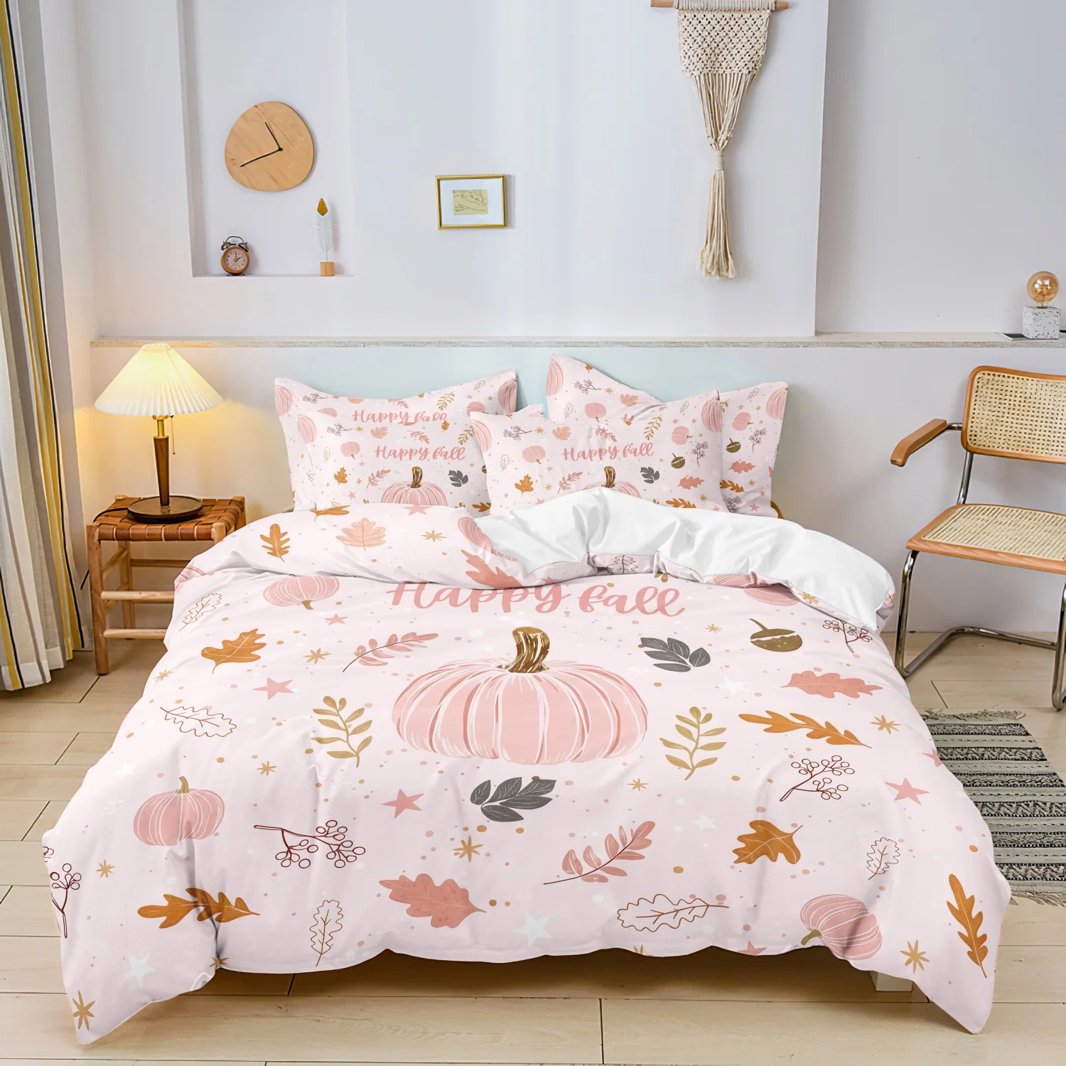 3Pcs Pink Pumpkins Maple Leaves Happy Fall Duvet Cover Set, Acorns and Stars Bedding, Farmhouse Autumn Thanksgiving Room Decor
