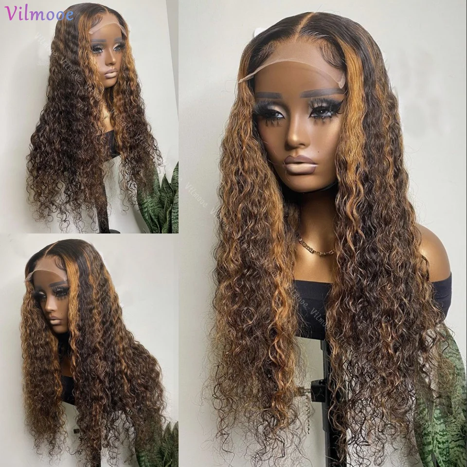 

Kinky Curly Women Silk Base Lace Frontal Wig Highlight Light Brown Water Wave Human Hair Glueless Silk Top Closure Wigs prepluck