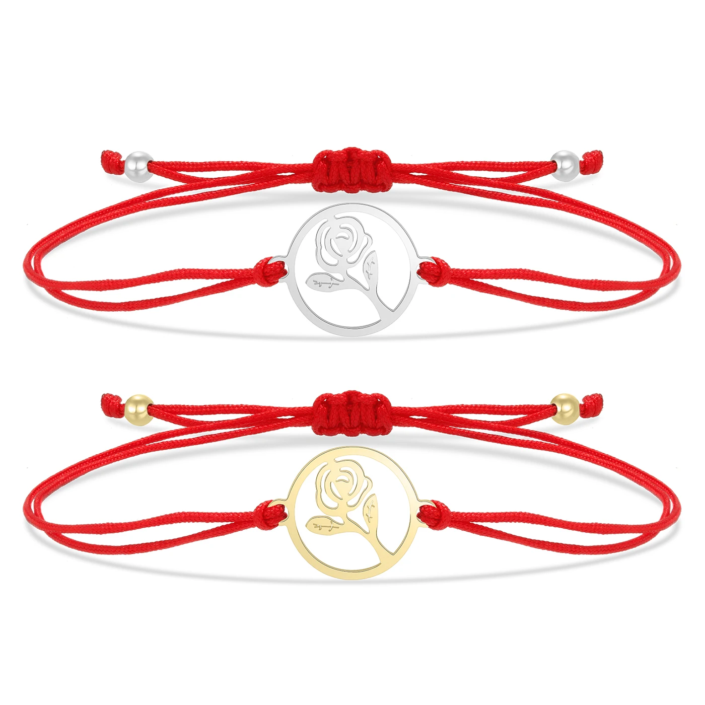 Gold-plated Stainless Steel Delicate Polish Nature Rose Flower Charm Bracelet Women Simple Red Cord Handmade String Jewelry Gift