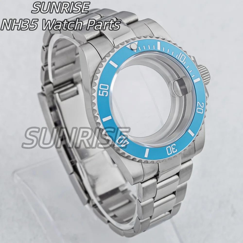 

40mm Watch Case Ice Blue Ceramic Bezel Sapphire Stainless Steel fit NH34 NH35 NH36 Movement 28.5mm Dial SUB GMT Oyster Strap
