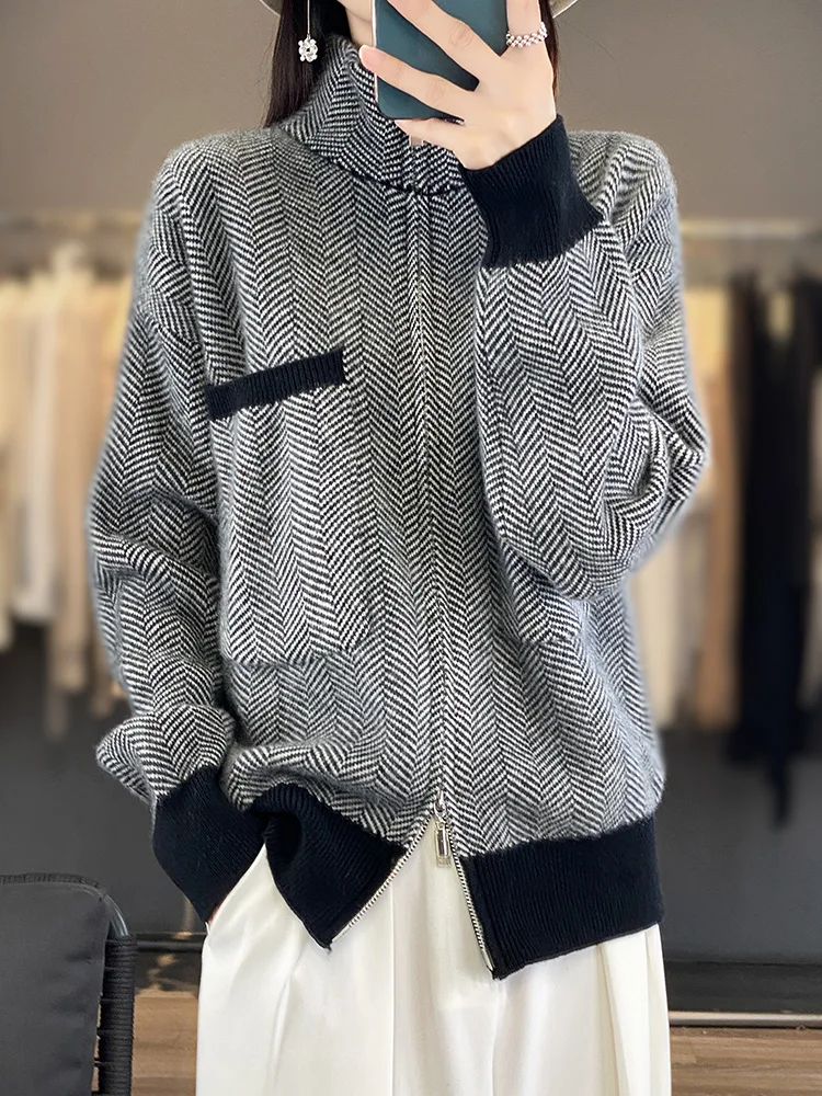 New Fashion Women\'s Jacket Zippers Casual Cardigan Autumn Winter Thick Warm 100% Merino Wool Loose Pocket Cashmere Knitwear Tops