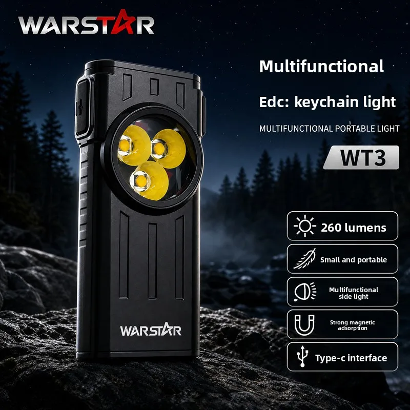 Mini Alarm Keychain Flashlight WARSTAR WT3 Double Magnet Hanging Buckle COB Portable Protective Emergency Key Light
