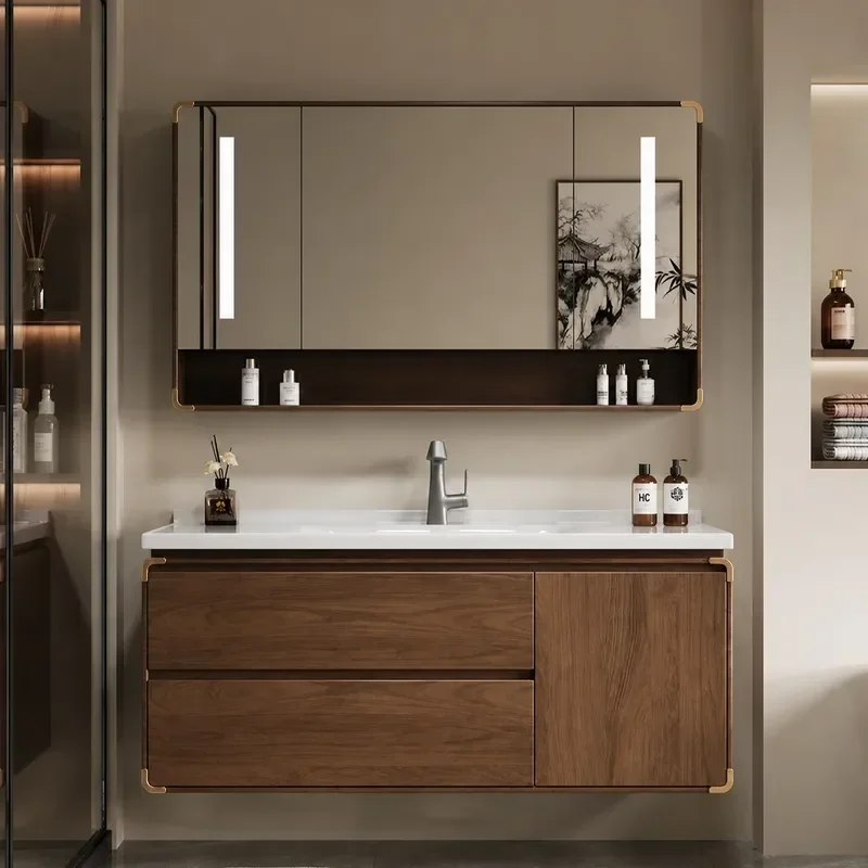 Modern Smart Bathroom Cabinet with Solid Wood Oak Washbasin Integrated Ceramic Sink Combo for Contemporary Home Bathrooms