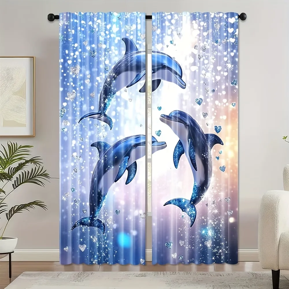 2PCS Digital Printed Curtains, Diamond Dolphin Crystal Ocean Fantasy, Window Treatments for Living Room Bedroom Home Decoration