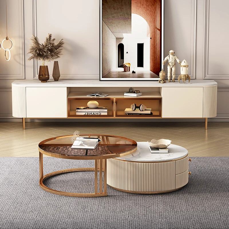 

Rock Plate Tea Table TV Cabinet Combination Postmodern Simple Living Room Small Unit High Ground Cabinet Size Round Table