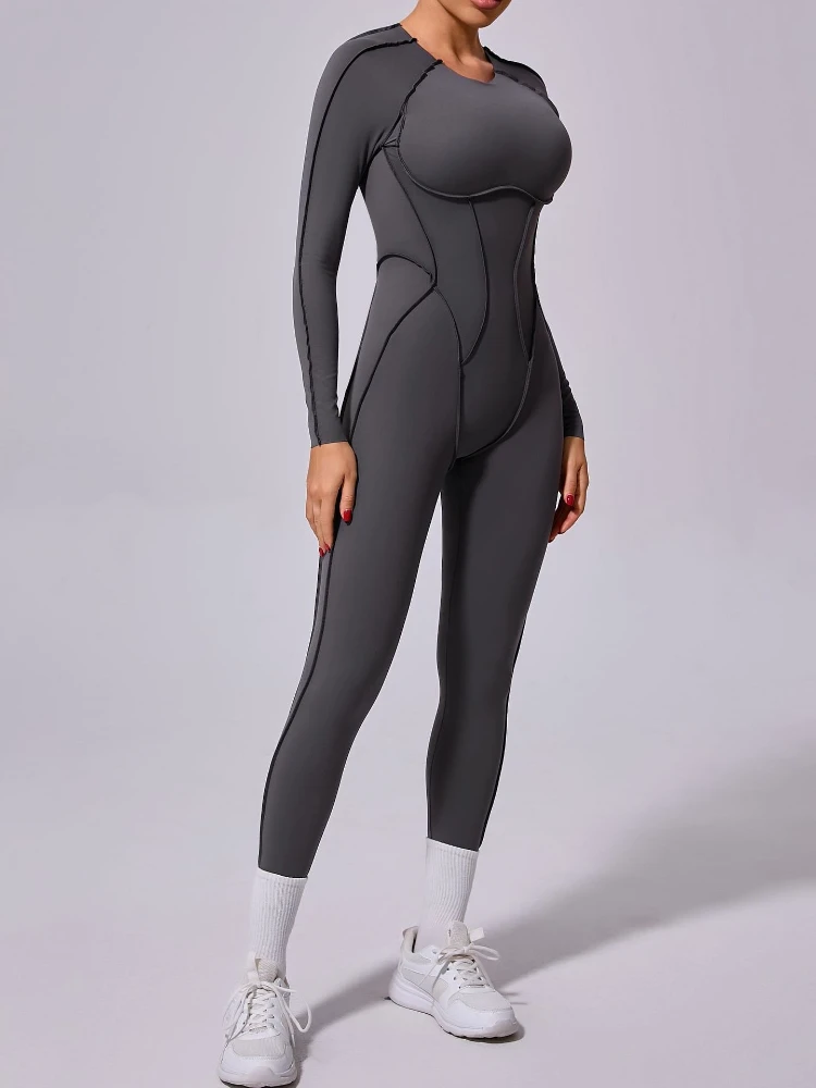 

Fashion O-neck Long Sleeve Backless One Piece Sports Overalls Womeen Casual Cut Out Yoga Jumpsuit Skinny Gym Fitness Bodysuits