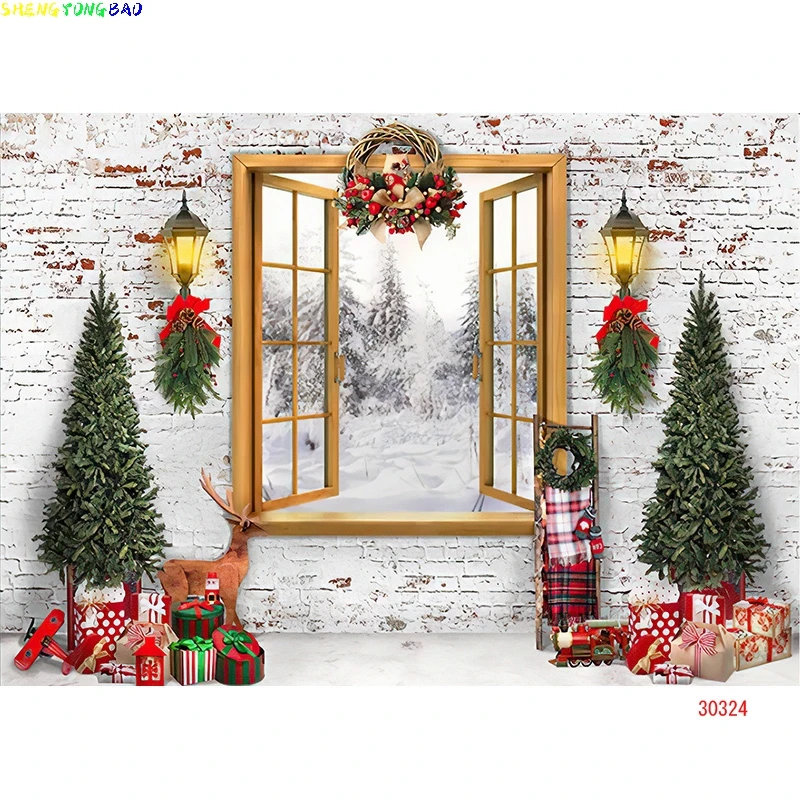 Vinyl Custom Christmas Tree Window Wreath Photography Backdrop Wooden Doors Snowman Cinema Pine New Year Background Prop TNB-02