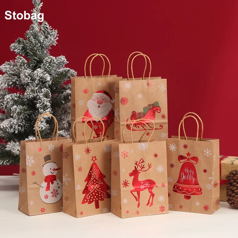 

StoBag 24pcs Merry Christmas Kraft paper Gift Tote Bags Packaging Children for Candy Snack Storage Pouch Birthday Party Favors