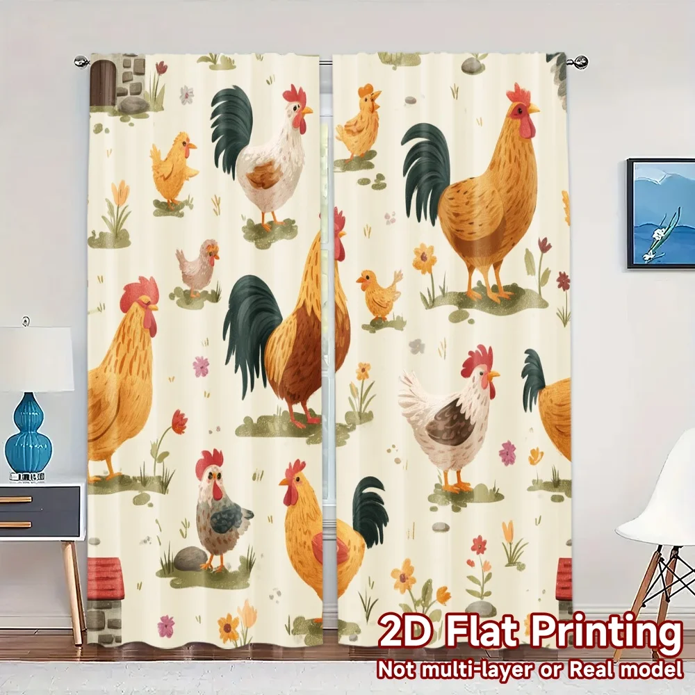 2pcs, 2D FLAT PRINTING Curtains (Without Rod) Rooster Meadow Chic Light Filtering Curtains Machine Washable Fabric Curtains