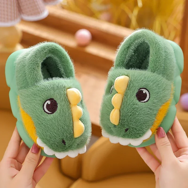 Cute Cartoon Dinosaur Children Plush Slippers Soft Sole Non-slip Winter Warm Baby Boys Girls Indoor Home Heel Wrap Cotton Shoes