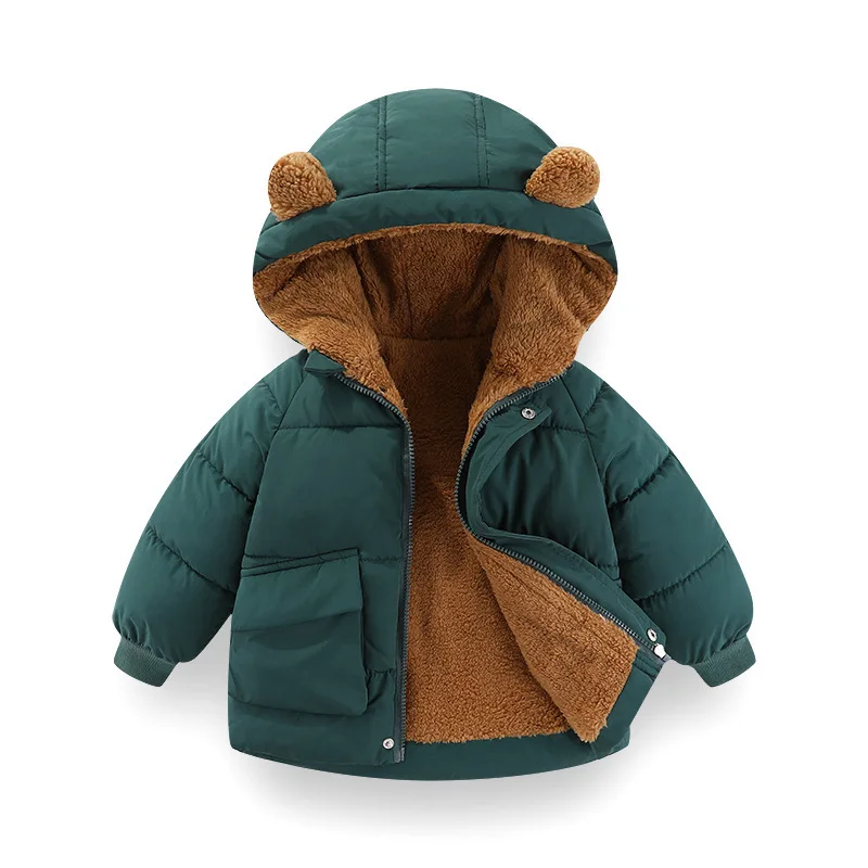 Cotton jacket Winter Korean version 1-7 year old boy and girls plus velvet warm hooded down overcoat fashion children clothing