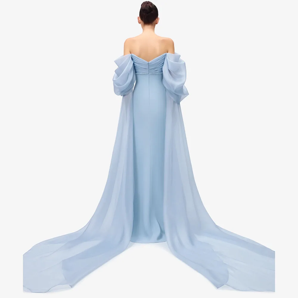 Customized Draped Shawl Sleeves Evening Dresses with Slit Off the Shoulder A Line Formal Gown Blue Skurt Long Evening Banquet