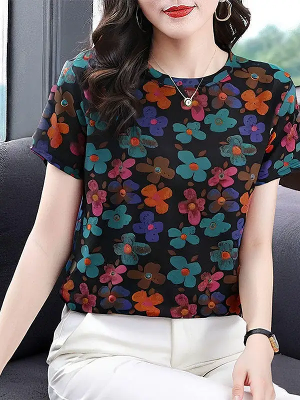 

Loose Short Sleeve round Neck Women's T-shirt Summer New Style Korean Version Print Top Versatile Female Clothing Casual Wear