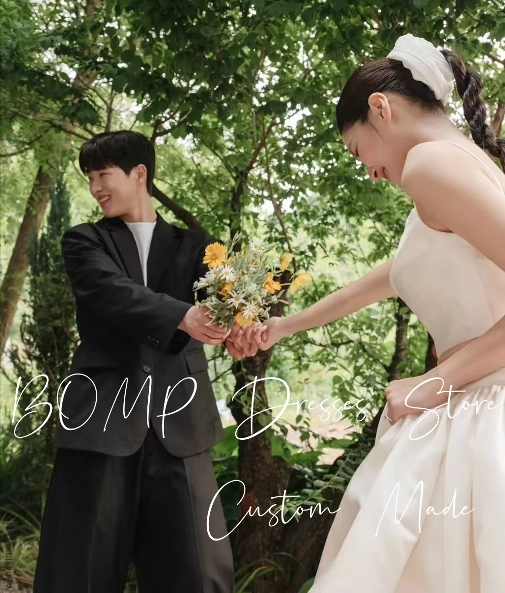 BOMP بسيط 2 قطعة فستان الزفاف السباغيتي حزام الطية طول الأرض الحرير العاجي التفتا كوريا صورة تبادل لاطلاق النار فستان زفاف مخصص