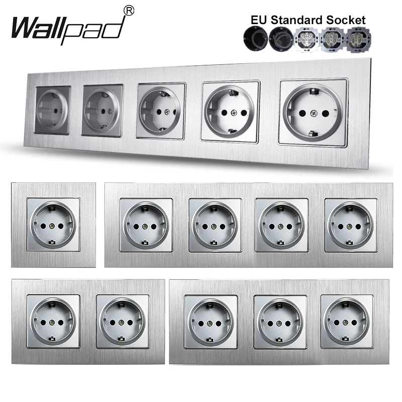 Grey Silver Metal EU Socket Wallpad 110V-240V Brushed Aluminium Frame European 16A Power Wall Sockets