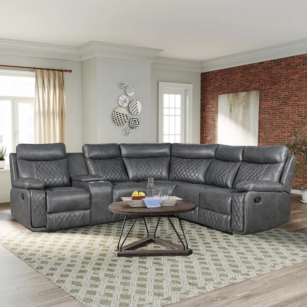 

Sectional Recliner Sofa Set, L Shape Leather Furniture for Living Room, with 2 Consoles, Cup Holders, and Storage Box