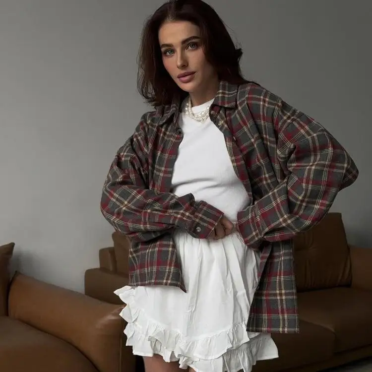 

Женский повседневный кардиган в клетку с отложным воротником, универсальный, весна-осень, винтажный, свободный крой, повседневный стиль