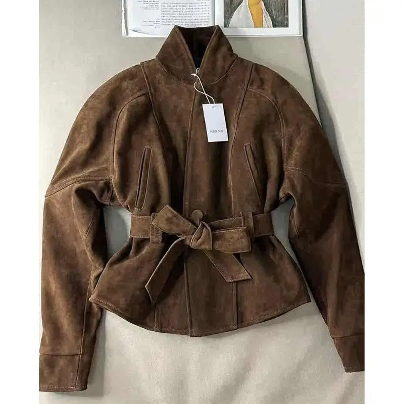 

Coffee Color Suede Fabric Alineated Short Coat Korean-style Stylish and Mature Windproof Coat Jackets for Women Spring/autumn