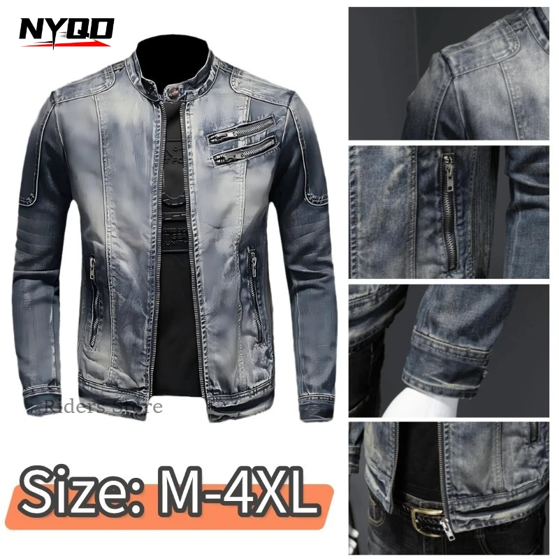 

Мужская винтажная джинсовая мотоциклетная куртка с эффектом потертости, байкерская куртка с воротником-стойкой и множеством молний, повседневная ветрозащитная куртка для езды