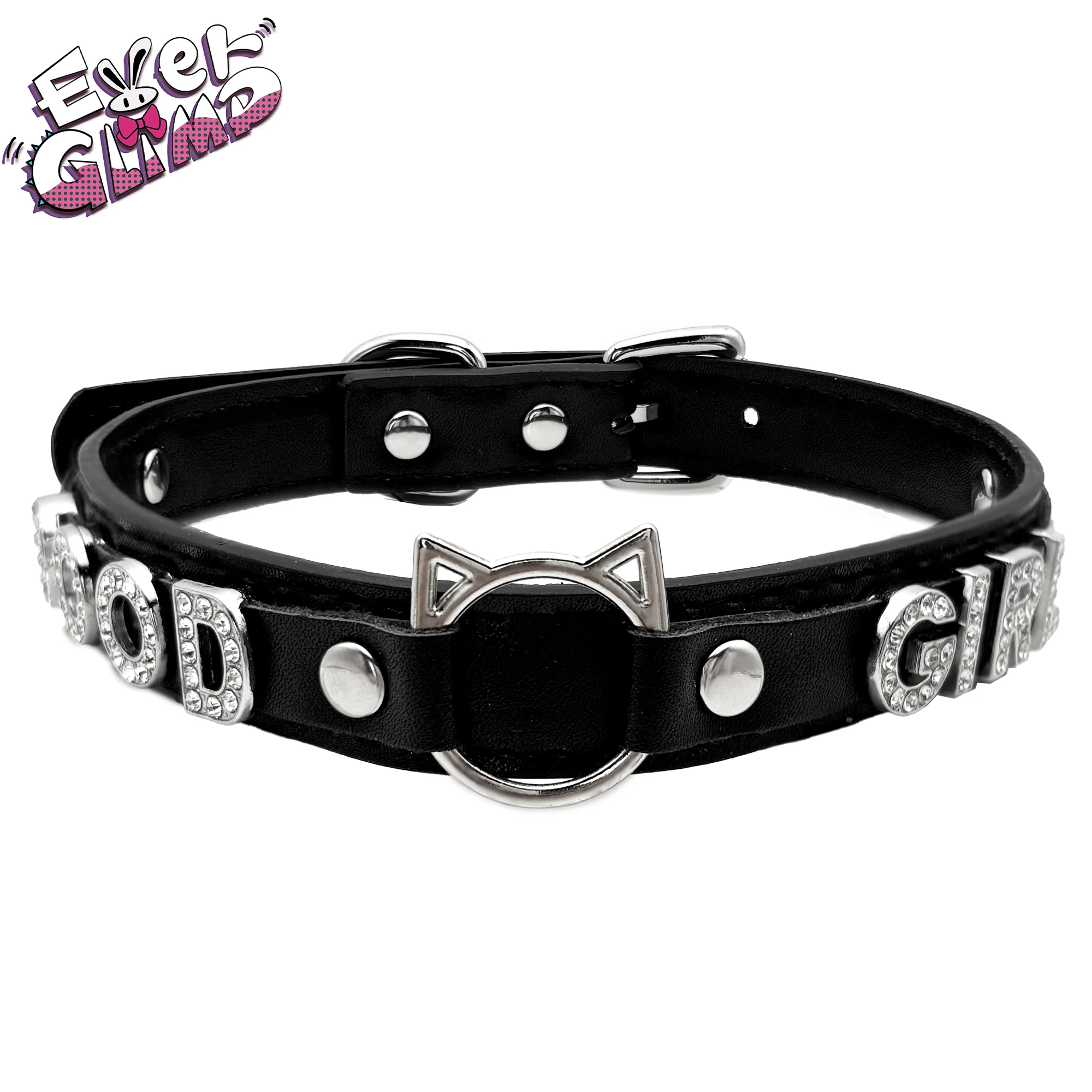 

EverGlimp Black Choker For Women Adjustable Kitten Themed Punk Pink Vegan Leather Collar Necklace With Cat Shaped O-ring