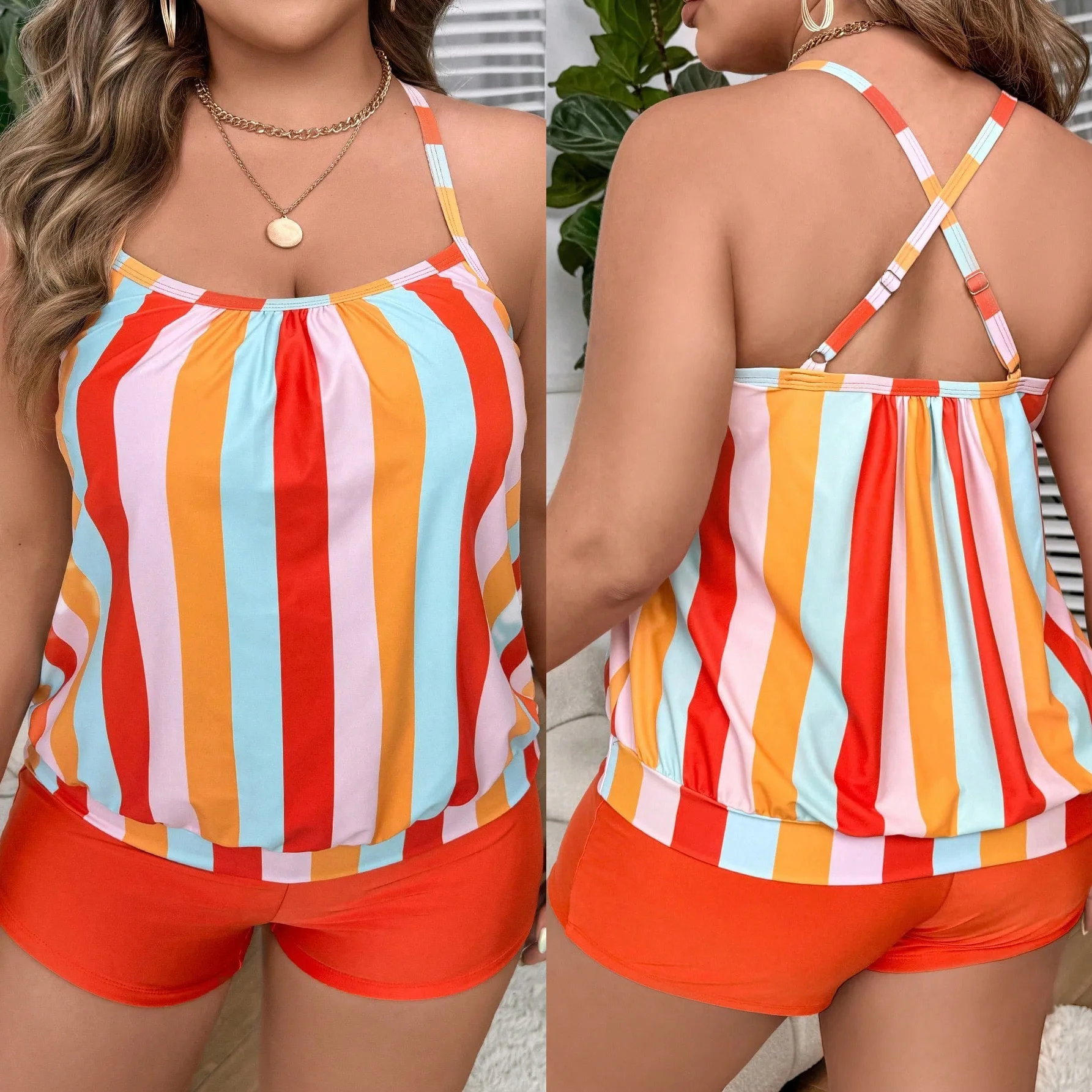 

New Plus Size Split Swimsuit for Women, Flat Cornered Women, Striped Printed Swimsuit, Skirt Style Swimsuit for Women Casual Y2k