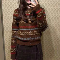 Vintage Jacquard Sweater Women Autumn Winter Round Neck New Thicken Korean Paisley Ingle-breasted Folk Knitted Cardigans Tops