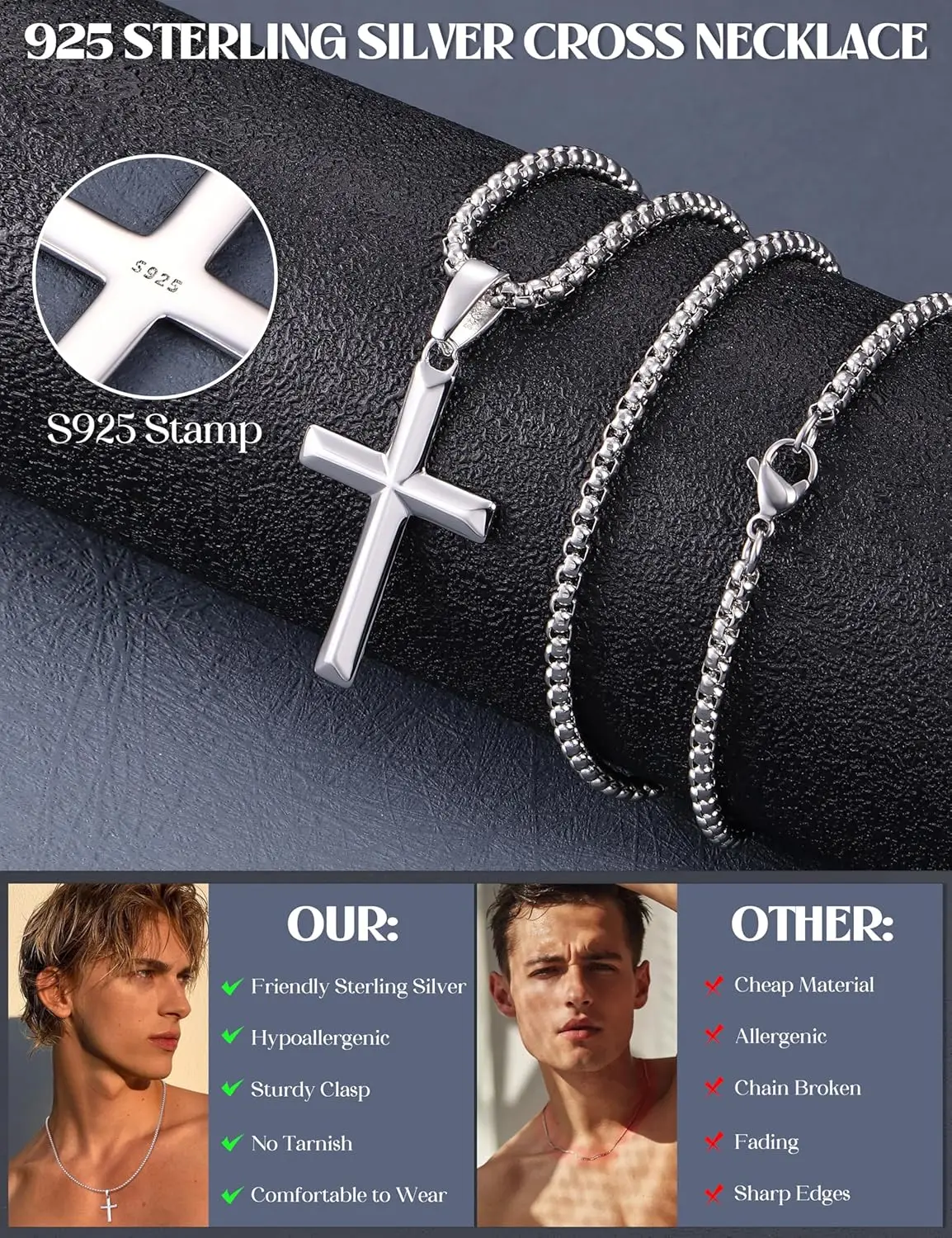 Fansilver 925 Sterling Silver Cross Necklace for Women Men Stainless Steel Chains Beveled Edge Cross Pendant Necklace Jewelry