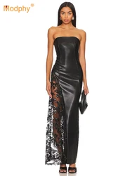 Modphy Strapless High Waist Lace Patchwork Tight Banquet Leather Dress Women Sexy Off Shoulder Elegant Party Long Vestidos