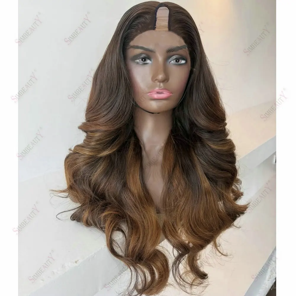 Braune, goldbraune U-Part-Perücke mit Highlights, Echthaar, verstellbar, lockere Wellen, 1*4-Größe, V-Part-Perücke, vollständig maschinell gefertigt, einfach zu tragen – Detail 2