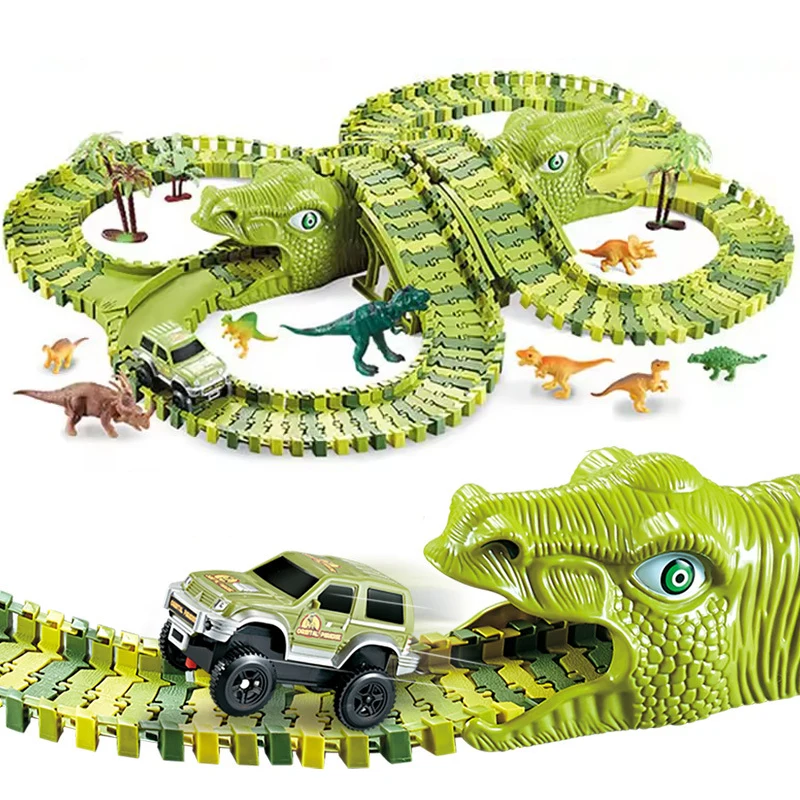 Dinosaur Racing Track Railway Toys Assembly Plastic Flexible Racing Bend Race Track Flash Light Rail Car Toys For Kids Gifts