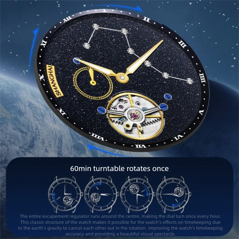 Reloj Tourbillon Shanghai, reloj mecánico para hombre, reloj mecánico de cuerda Manual, correa de cuero genuino, calendario, reloj de zafiro