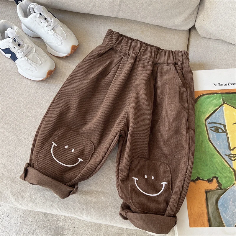 Spring Autumn Children Pants 2-8Y Boys Corduroy Embroidery Spliced Casual Trousers Korean Toddler Wear Kids Clothing 2024 New