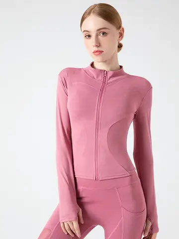 New Gym Women's Long Sleeves Sports Running Shirt Breathable Gym Workout Top Women's Yoga Jackets with Zipper with Finger Holes