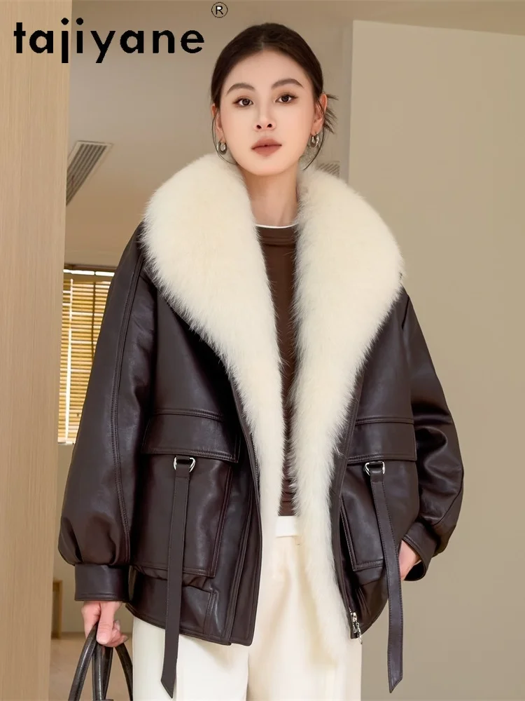 TAJIYANE سترة جلدية من جلد الغنم امرأة الثعلب الفراء طوق أوزة أسفل معاطف قصيرة سترات من الجلد الحقيقي 2025 ملابس الشتاء النساء long cokт #2