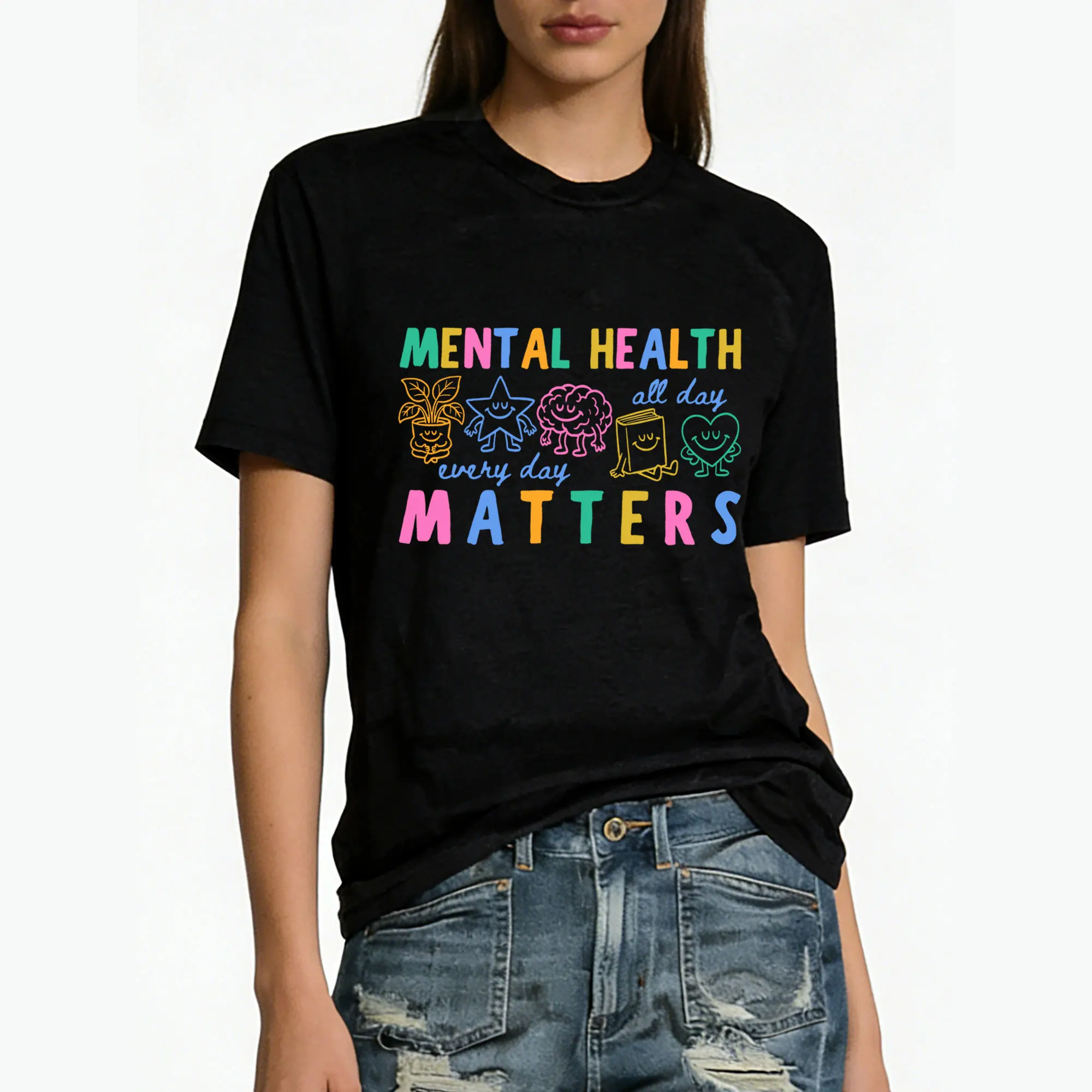 Mental Health Matters T-Shirt Cute Cartoon Print Cotton T-Shirt Positive Mental Health Awareness Tops Gift for Her